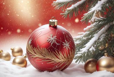 The primary subject of the image is a red ornament, which is a Christmas ball. The ornament is placed in a snowy environment, surrounded by snow-covered trees. The setting appears to be a winter scene, with the ornament being the focal point. The visual style of the image is a combination of photo and digital art, creating a realistic yet artistic representation of the scene. The dominant colors in the image are red and white, which are associated with Christmas and winter, respectively. The overall atmosphere of the image